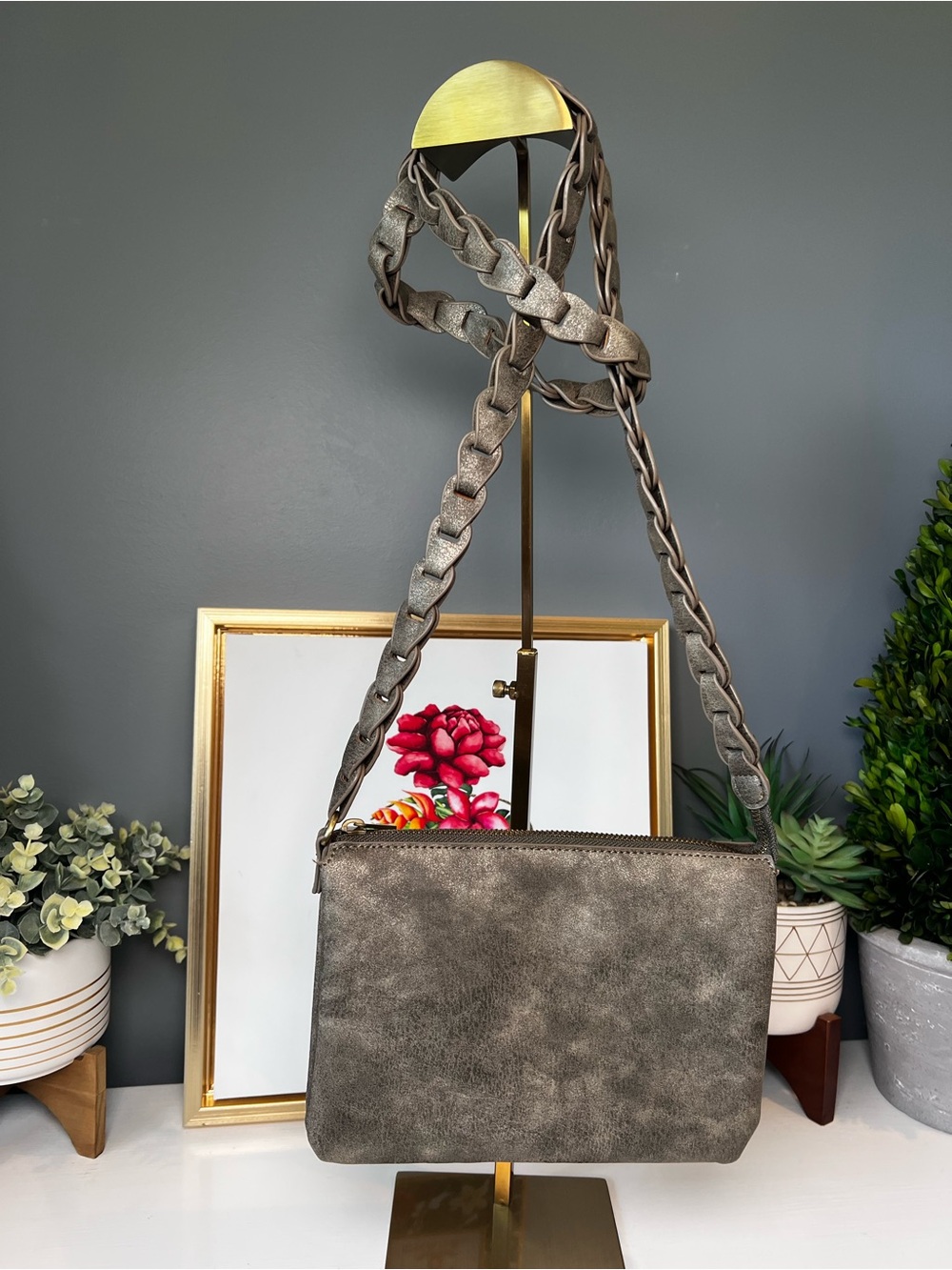 Anthropologie Olive Green Braided Strap Crossbody Shoulder Bag Boho Chic Purse